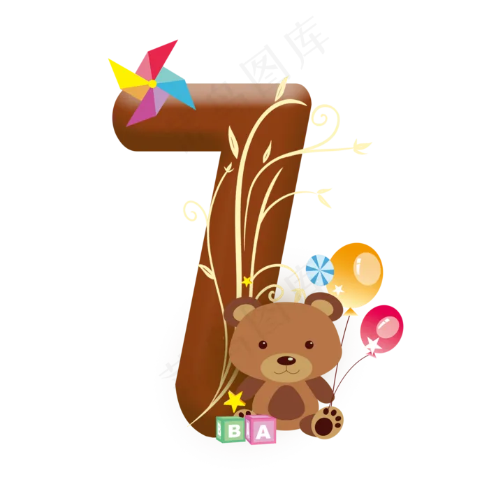 可爱卡通儿童节巧克力色小熊数字7(2000X2000(DPI:300))psd模版下载