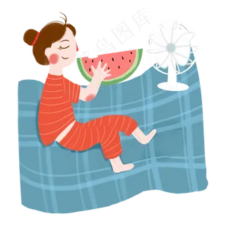 夏季大暑小暑吹风扇吃西瓜的女生