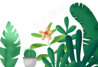 卡通手绘深绿色树叶叶子盆栽