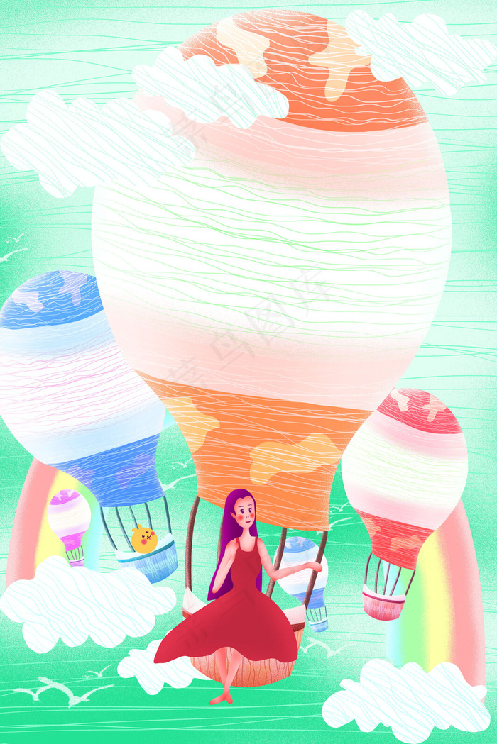 探险少女的热气球之旅(3545*5315px 300 dpi )psd模版下载