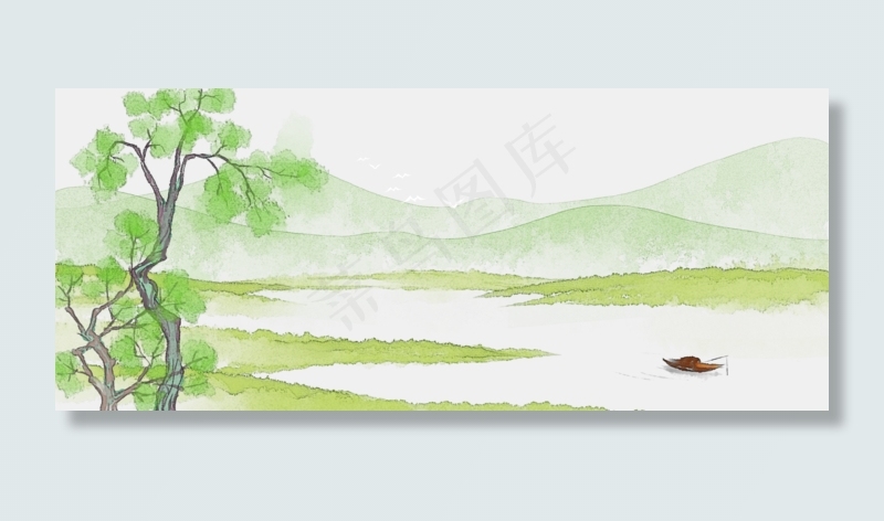 青泽渔舟古风水墨山水风景画PNG素,免抠元素
