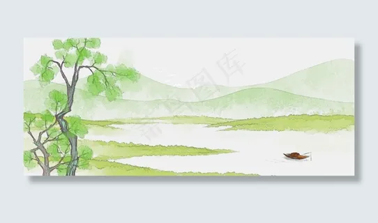 青泽渔舟古风水墨山水风景画PNG素,免抠元素