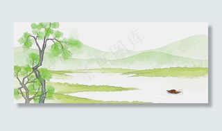 青泽渔舟古风水墨山水风景画PNG素,免抠元素