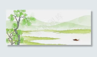 青泽渔舟古风水墨山水风景画PNG素,免抠元素