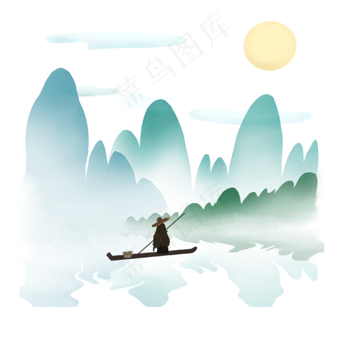 中国风水墨青山绿水江舟竹筏插画,免抠元素