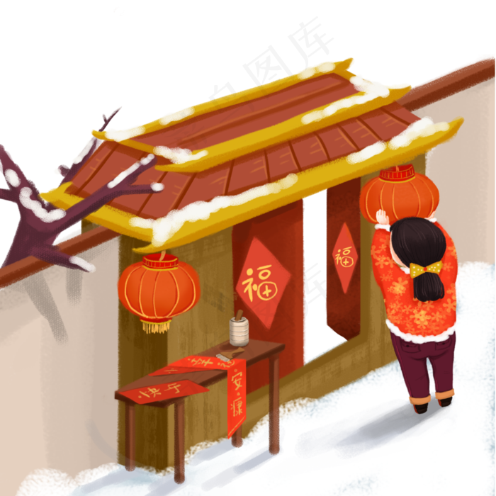贴对联迎新年女孩,免抠元素