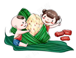 两个小孩吃粽子