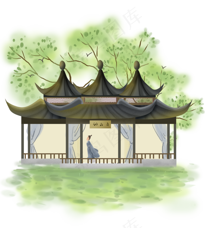 中国风庭院里的人,免抠元素