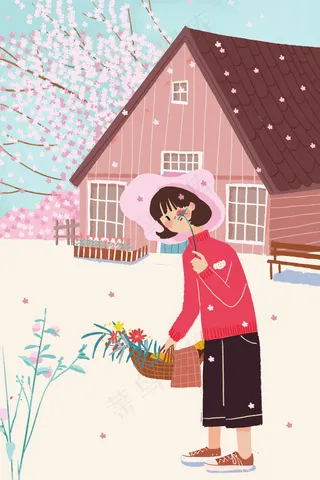 春天卡通小清新小女孩春游配图