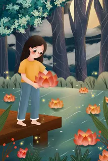 夜晚中元节女孩河边放花灯