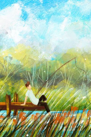 夏日河边垂钓油画风景小清新
