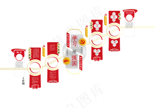 党建楼梯文化墙红旗红色金色中式
