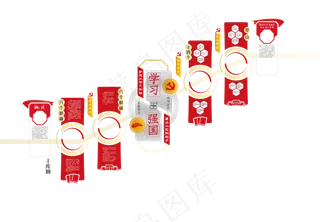 党建楼梯文化墙红旗红色金色中式