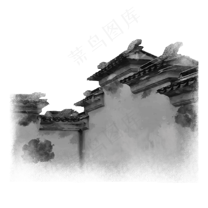 水墨屋檐水彩素材,免抠元素