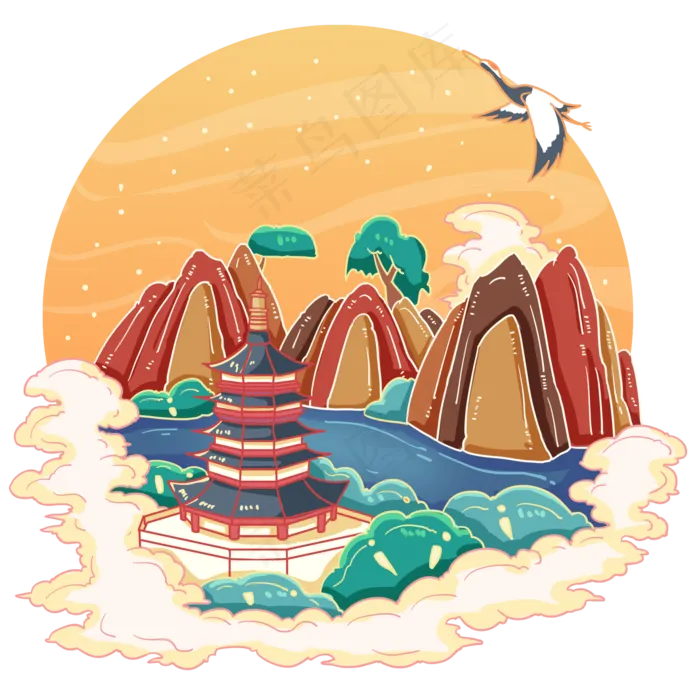古风国画风西湖雷峰塔,免抠元素(2000*2000px 300 dpi )psd模版下载