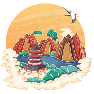 古风国画风西湖雷峰塔,免抠元素