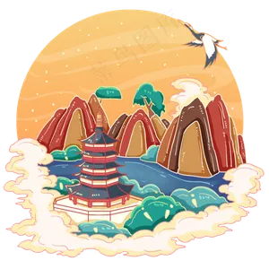 古风国画风西湖雷峰塔,免抠元素