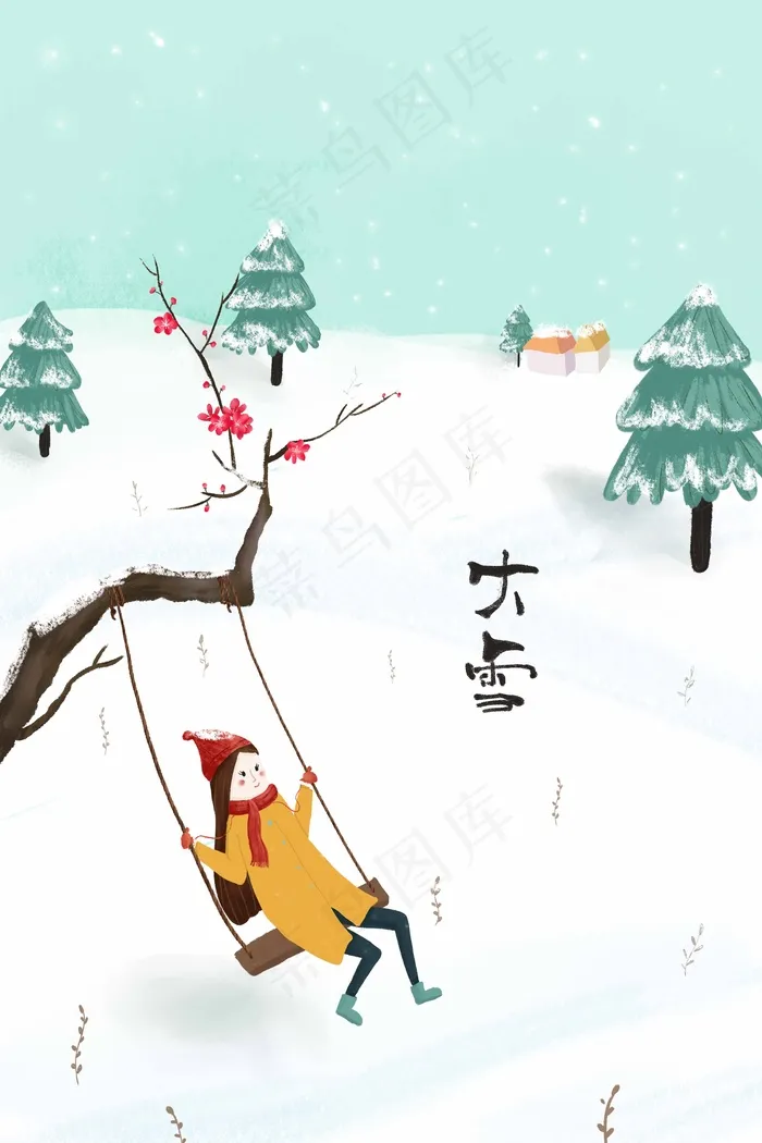 冬季大雪纷飞清新少女在雪中荡秋千