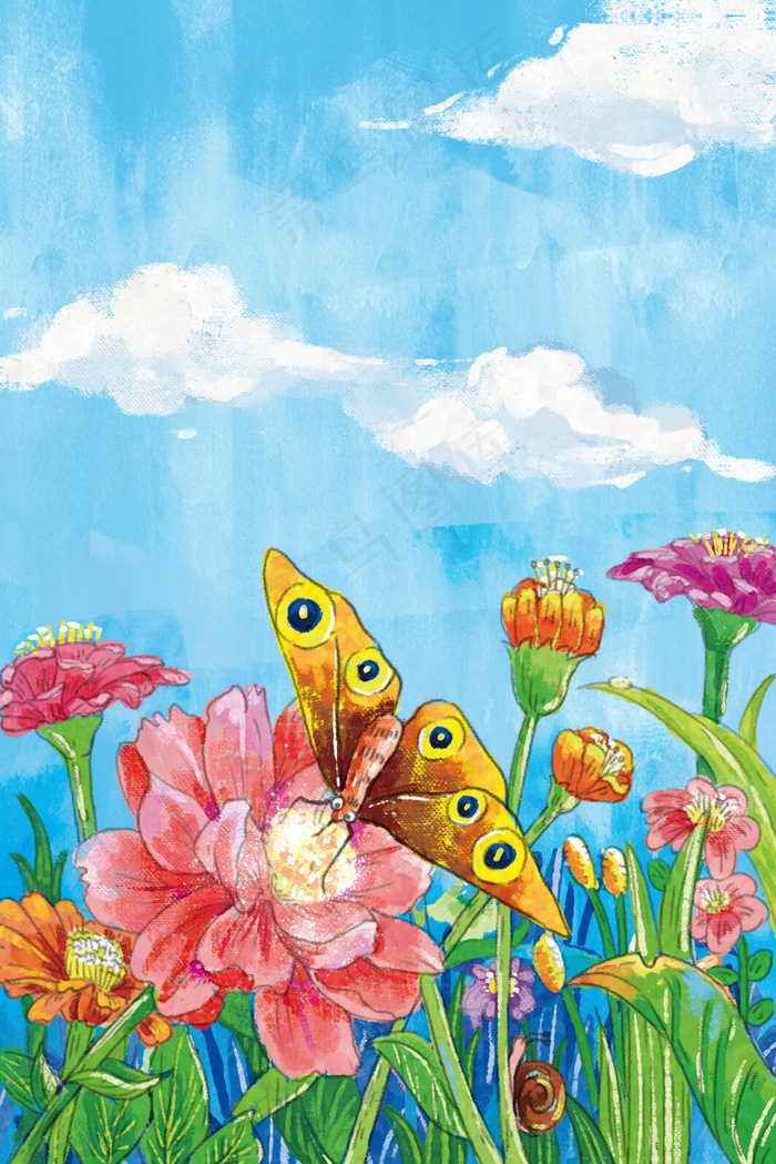 手绘春天美丽的花海蝴蝶