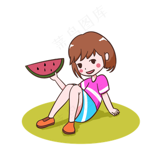 夏天吃西瓜的女孩手绘