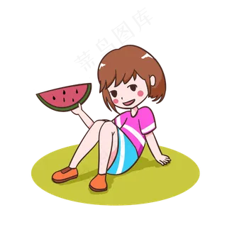 夏天吃西瓜的女孩手绘