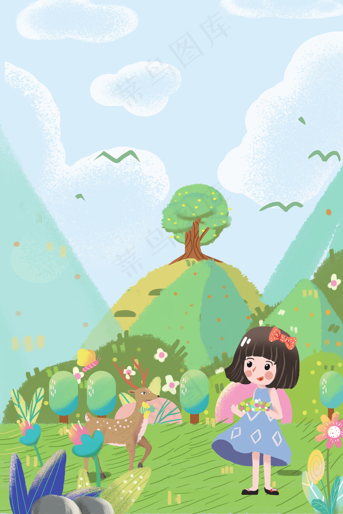 二月你好森林户外踏青小鹿风景少女唯美插画