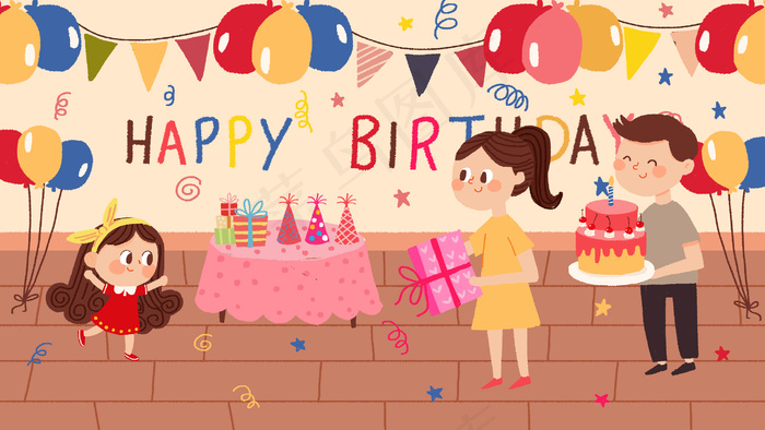 卡通小清新小女孩过生日配图(2880*1620px 300 dpi )
