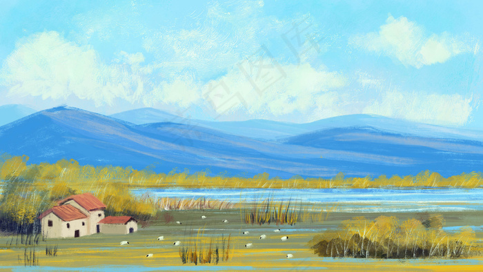 立秋秋天节气风景油画风格(2880*1620px 300 dpi )psd模版下载