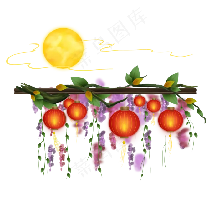 中秋节灯笼和月亮,免抠元素(6527X6239(DPI:300))psd模版下载