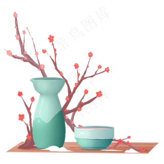 卡通手绘冬季梅花绿色日式酒壶免,免抠元素