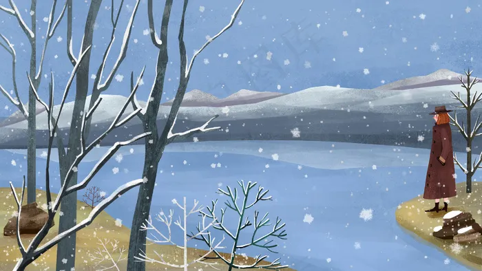 穿大衣的女人在湖边沉思赏雪(2880*1620px 300 dpi )psd模版下载