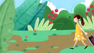 绿色系卡通手绘风夏至行李箱旅行配图