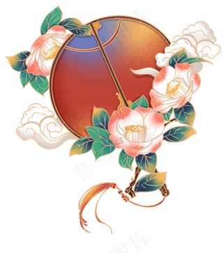 国潮风白色山茶团扇装饰插图,免抠元素