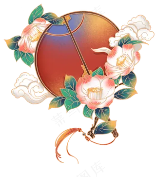 国潮风白色山茶团扇装饰插图,免抠元素