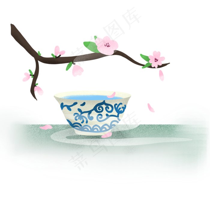 中国风青花瓷茶水桃花枝(2000X2000(DPI:300))psd模版下载