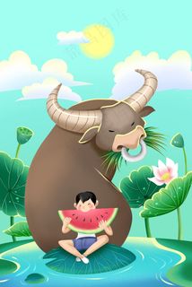 蓝色系卡通手绘风大暑夏景配图