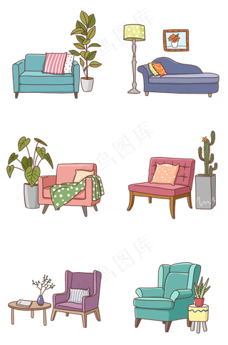 家居沙发和花瓶摆件组图PNG免抠素