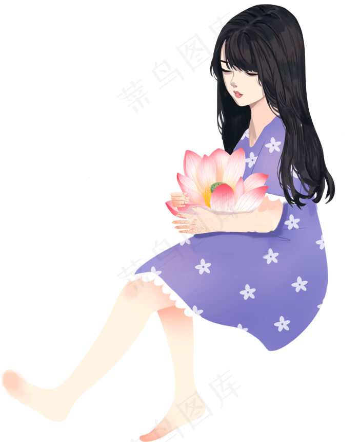 抱着荷花的女孩免扣png