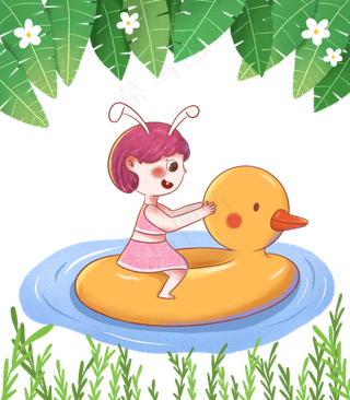 夏季游泳圈上的小女孩