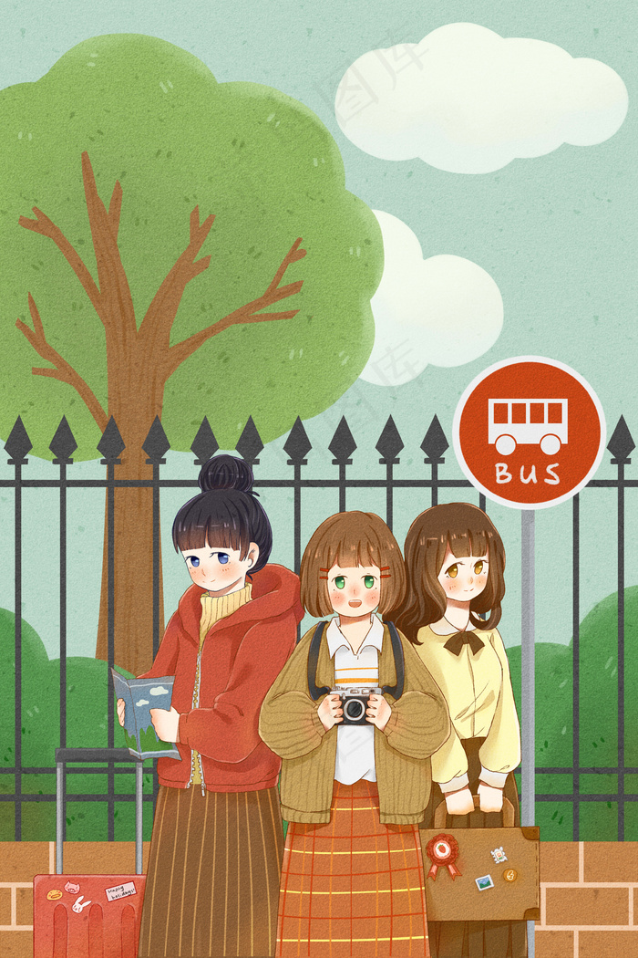 旅行结伴出游女孩闺蜜朋友可爱卡通手绘风(3545X5315(DPI:300))psd模版下载