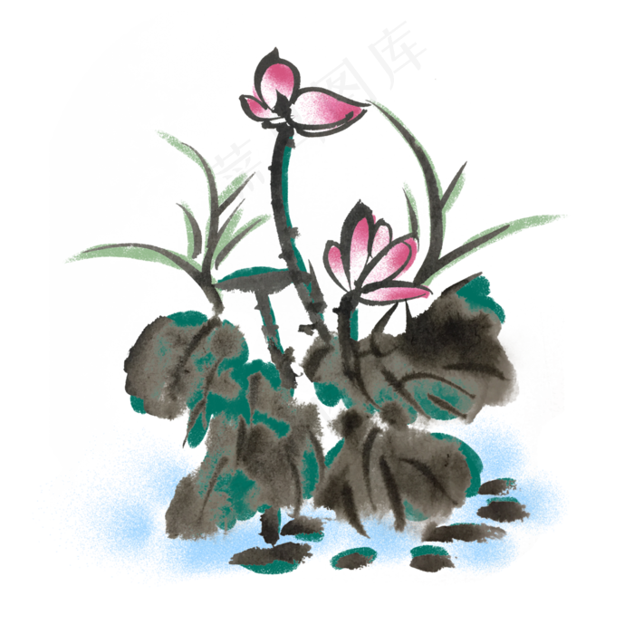 水墨风荷花荷叶手绘插画