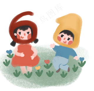 六一节可爱的两个小朋友在草坪里