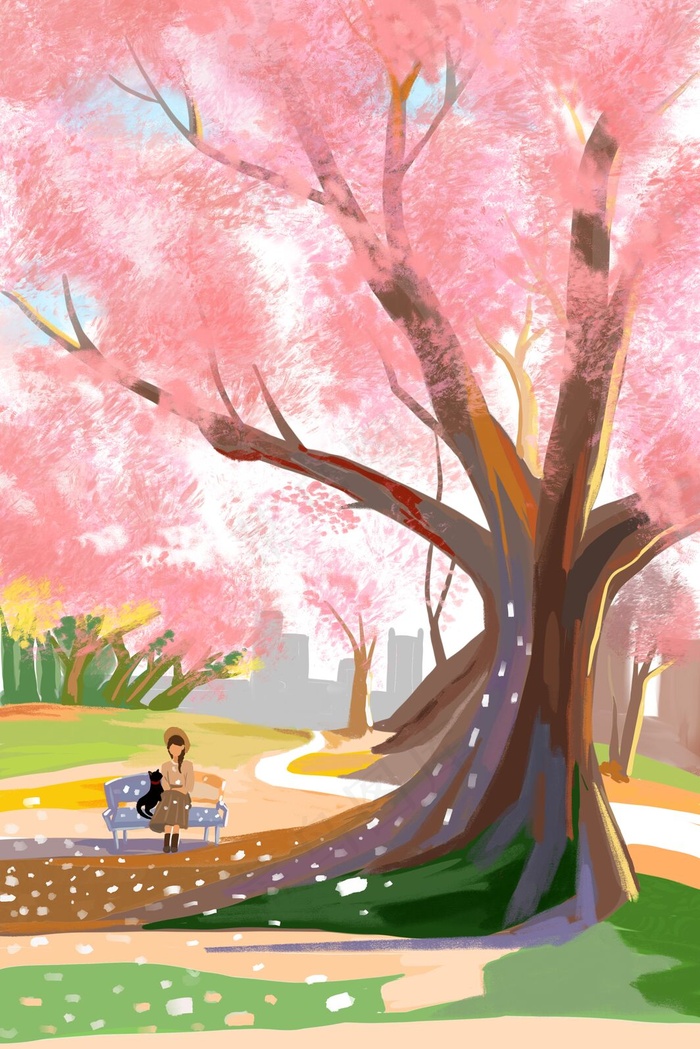 春季风景樱花阳光女孩(3545X5315(DPI:300))psd模版下载