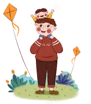 手绘小清新感恩节背着孩子的父亲,免抠元素