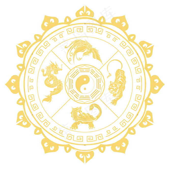 国潮年画四大神兽八卦图(2000X2000(DPI:300))psd模版下载