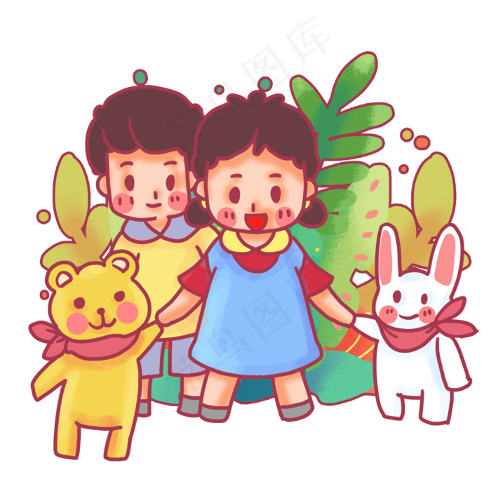 和小动物们手牵手的孩子,免抠元素