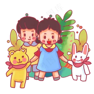 和小动物们手牵手的孩子,免抠元素