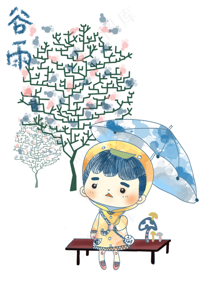谷雨打伞的小男孩