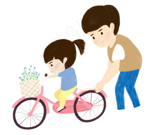 卡通手绘骑自行车的小女孩