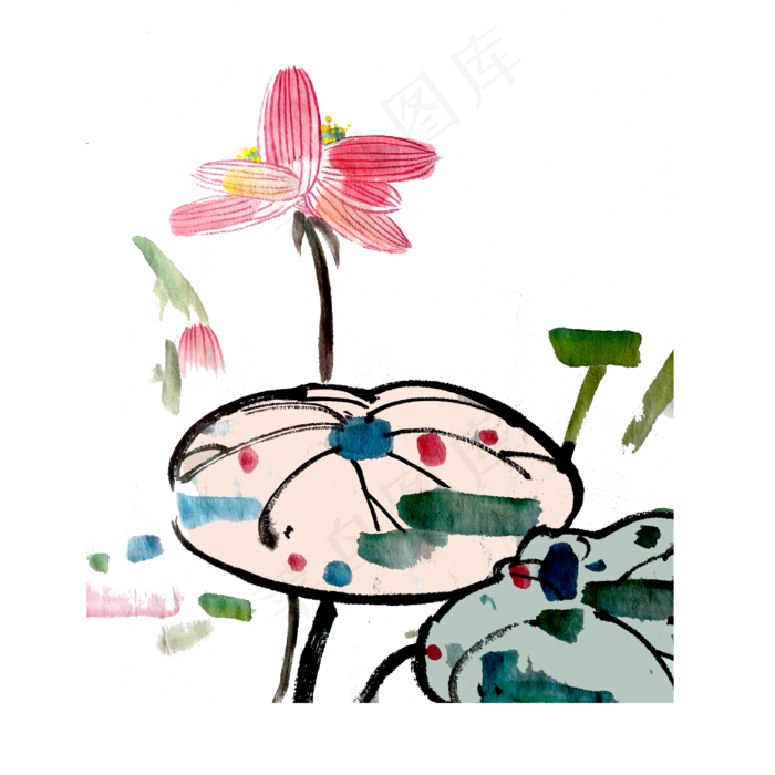 国画莲花水墨桃色可爱童趣PNG(3000X3000(DPI:300))psd模版下载
